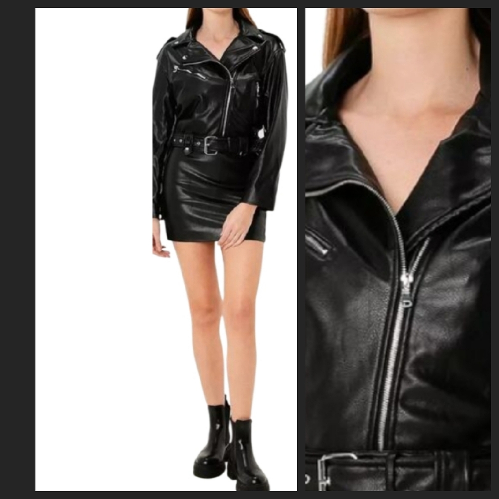 NEW! ZARA Black Faux Leather Moto Mini Dress XS.